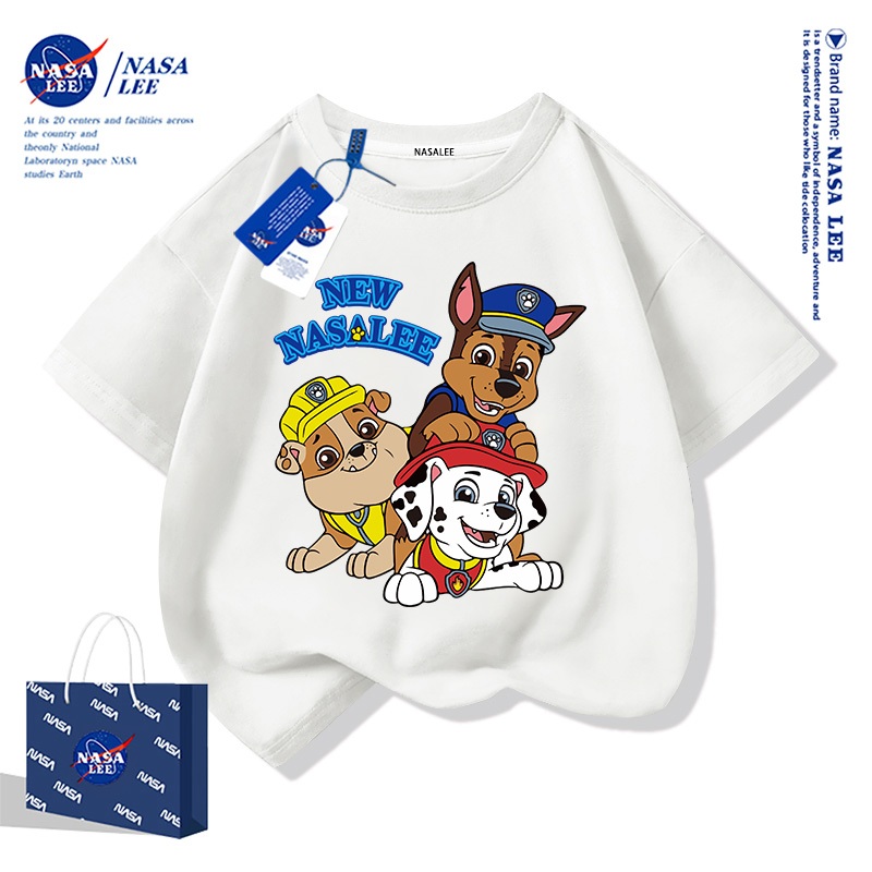 【สินค้ามีในสต็อก】 เสื้อยืดคอตตอนสีขาวสำหรับเด็ก ลายทีมหมานักกู้ภัย (PAW Patrol) แบรนด์ NASA