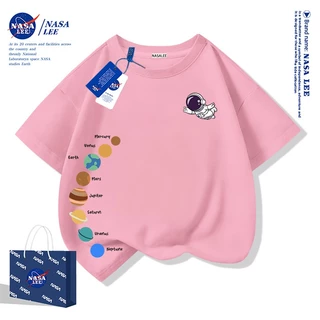 【สินค้ามีในสต็อก】 เสื้อยืดเด็กแขนสั้น ลายเส้นสีฟ้า-ขาว แบรนด์ NASA ลายดาวเคราะห์น้อย