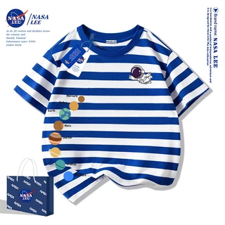 【สินค้ามีในสต็อก】 เสื้อยืดเด็กแขนสั้น ลายเส้นสีฟ้า-ขาว แบรนด์ NASA ลายดาวเคราะห์น้อย