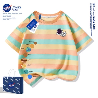 【สินค้ามีในสต็อก】 เสื้อยืดเด็กแขนสั้น ลายเส้นสีฟ้า-ขาว แบรนด์ NASA ลายดาวเคราะห์น้อย