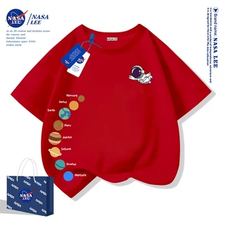 【สินค้ามีในสต็อก】 เสื้อยืดเด็กแขนสั้น ลายเส้นสีฟ้า-ขาว แบรนด์ NASA ลายดาวเคราะห์น้อย