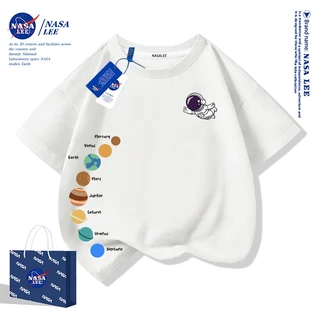 【สินค้ามีในสต็อก】 เสื้อยืดเด็กแขนสั้น ลายเส้นสีฟ้า-ขาว แบรนด์ NASA ลายดาวเคราะห์น้อย