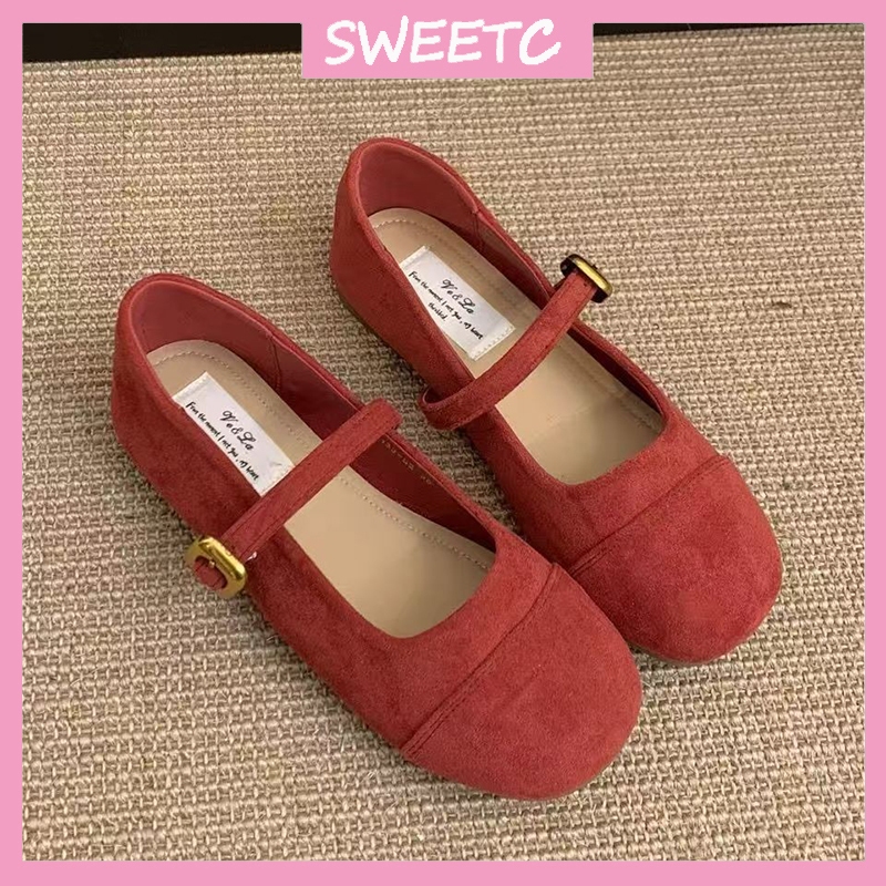 รองเท้าแมรี่เจนสำหรับผู้หญิง ส้นแบน หัวกลม สไตล์ย้อนยุค หนังนิ่ม