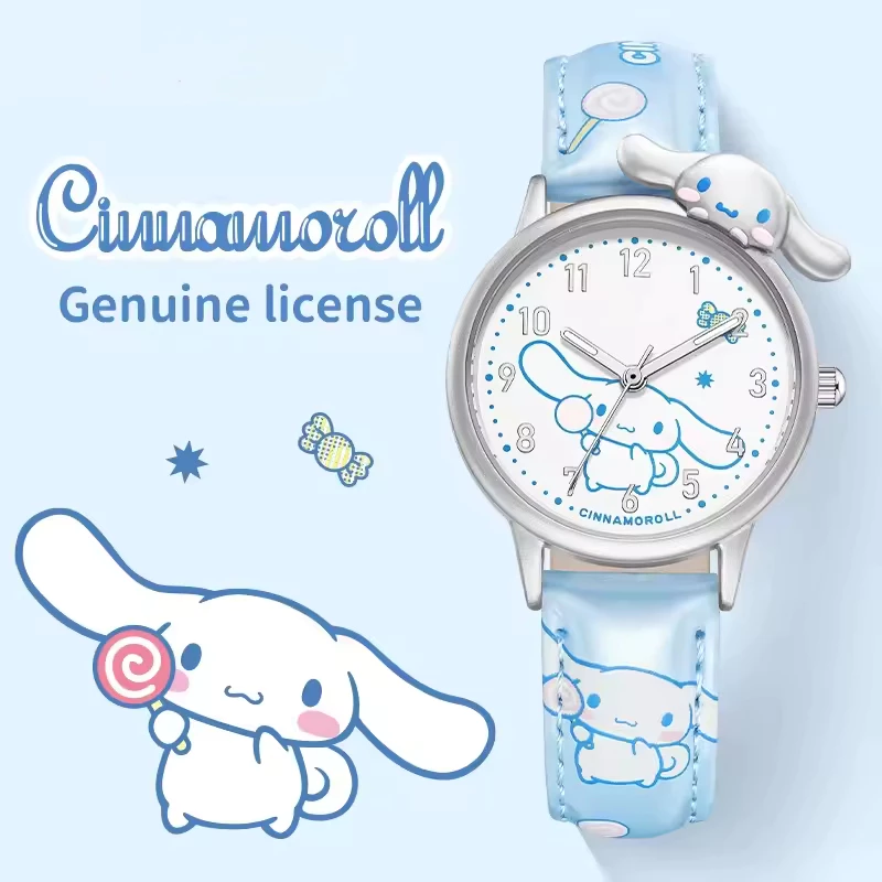 Sanrio Hello Kitty Kuromi Kids Round Quartz Watch 3D Stereoscopic Design Cartoon Dial Candy Color PU Strap Student Watchs