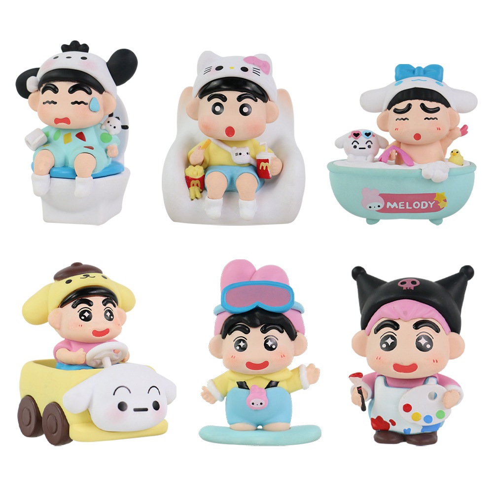 6 ชิ้น/เซ็ต 6-7 ซม.อะนิเมะ Crayon Shin-chan คอสเพลย์ My Melody Kuromi Hello Kitty Cinnamoroll Pom Pom Purin รุ่น Q PVC ตัวเลขการกระทําตุ๊กตาของเล่น