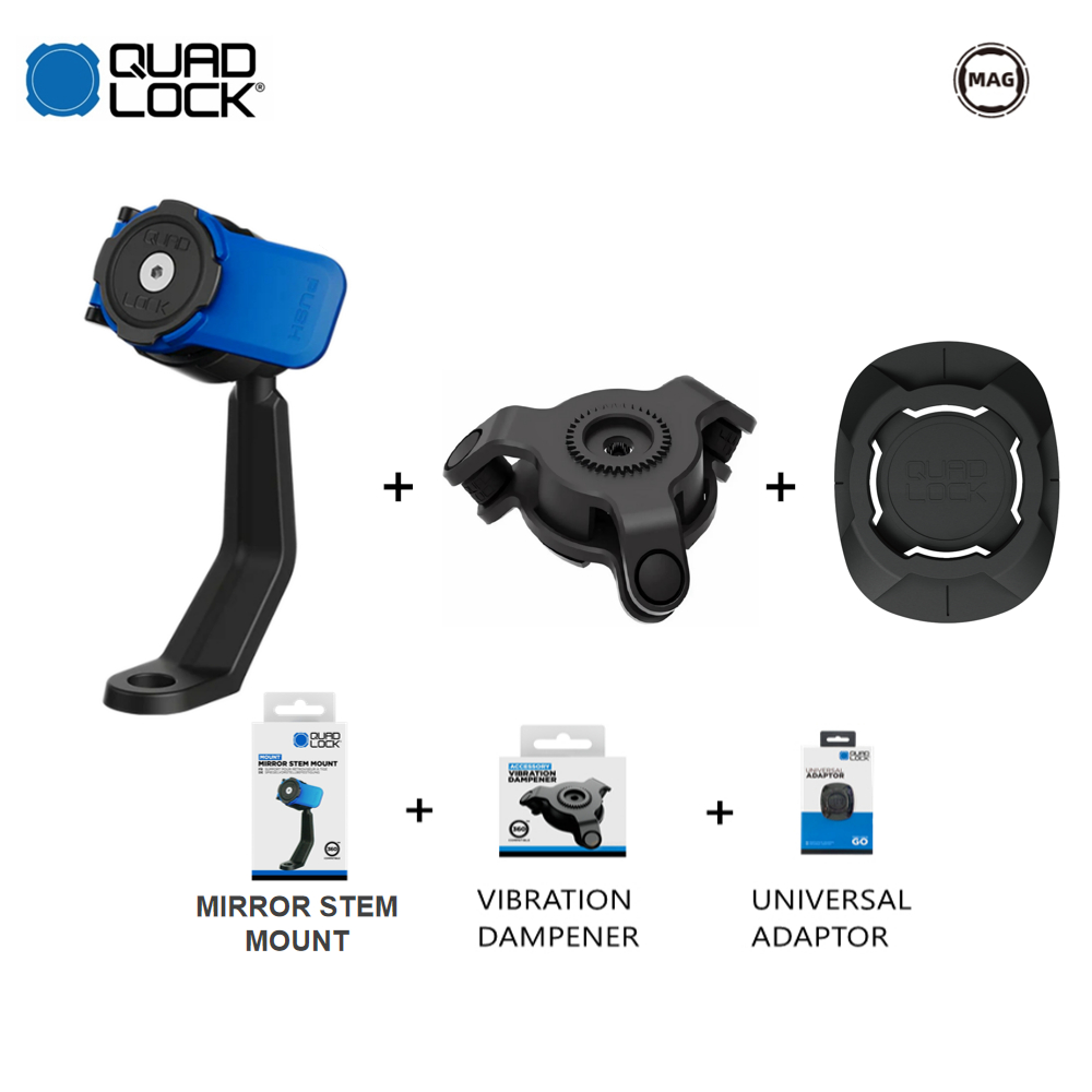 QUAD LOCK KINDER WITH MIRROR STEM MOUNT และ VIBRATION DAMPENER และ UNIVERSAL ADAPTER สําหรับ MOTORCY