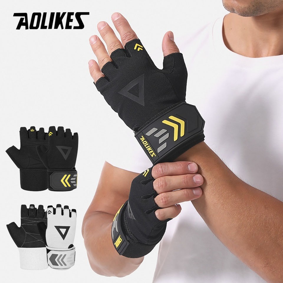 AOLIKES 1 คู่ถุงมือยกน้ําหนักสายรัดข้อมือสนับสนุน Breathable Anti-Slip กีฬา Gym ถุงมือเพาะกาย Powerlifting ฟิตเนสการฝึกอบรม