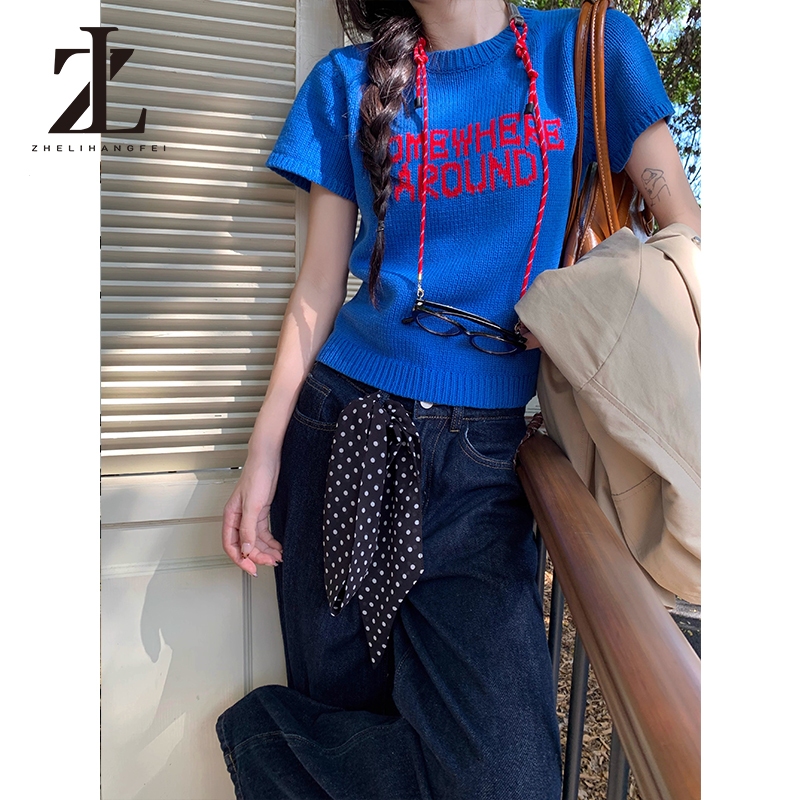 ZHELIHANGFEI เสื้อสเวตเตอร์แขนสั้นคอกลม สไตล์ย้อนยุคอเมริกัน กับตัวอักษรสีตัดกัน