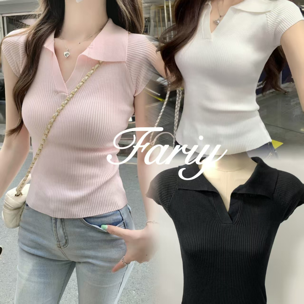 Fariy🍒คลังสินค้าพร้อม🍒 เสื้อยืดคอโปโลแขนสั้นผู้หญิงเสื้อผ้าฤดูร้อน 2025 ใหม่เสื้อยืดไหมน้ำแข็งสีชมพูแขนสั้นถักสลิม