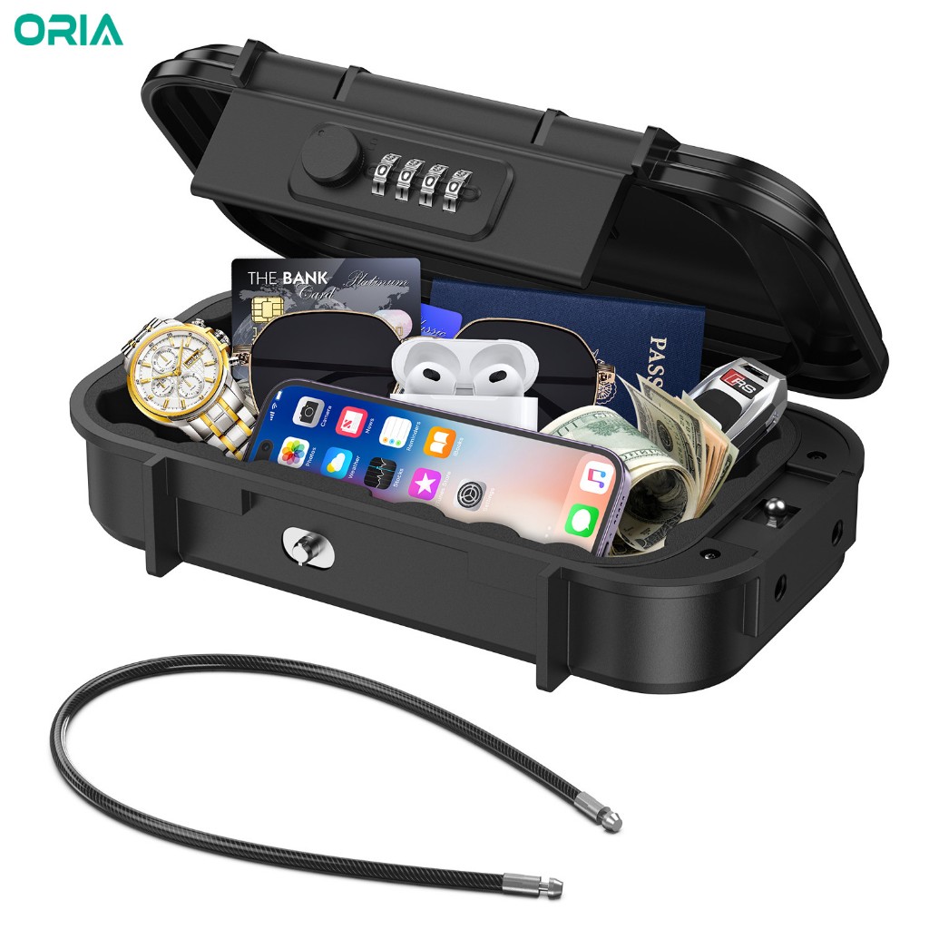 ORIA กล่องเก็บของที่ปลอดภัยแบบพกพา 4-Digit Combination Security Lockbox พร้อมเชือกลวดแบบถอดได้สําหรับโฮมออฟฟิศโรงแรม Travel
