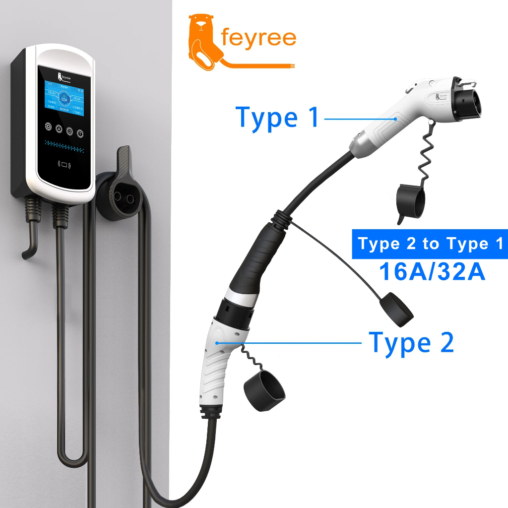 Feyree อะแดปเตอร์สายชาร์จ Type 2 เป็น J1772 Type 1 EVSE 16A 3.5KW 32A 7KW สําหรับรถยนต์ไฟฟ้า EV