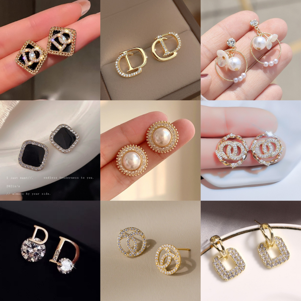 S925 เข็มเงินสไตล์ใหม่ Classy Letter ต่างหูมุกเรียบง่ายต่างหูทุกการแข่งขันหญิง