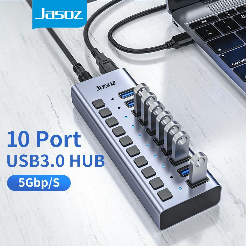 Jasoz USB 3.0 HUB 7/10 Port USB Splitter On/Off Switch With 12V Power Support Charging For Computer