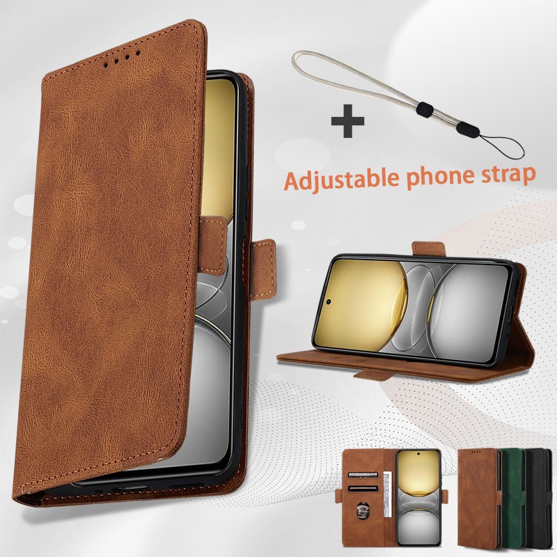 เคสหนังแบบฝาพับหรูหราสําหรับ Realme C75x พร้อมเชือกคล้องโทรศัพท์มือถือแบบปรับได้