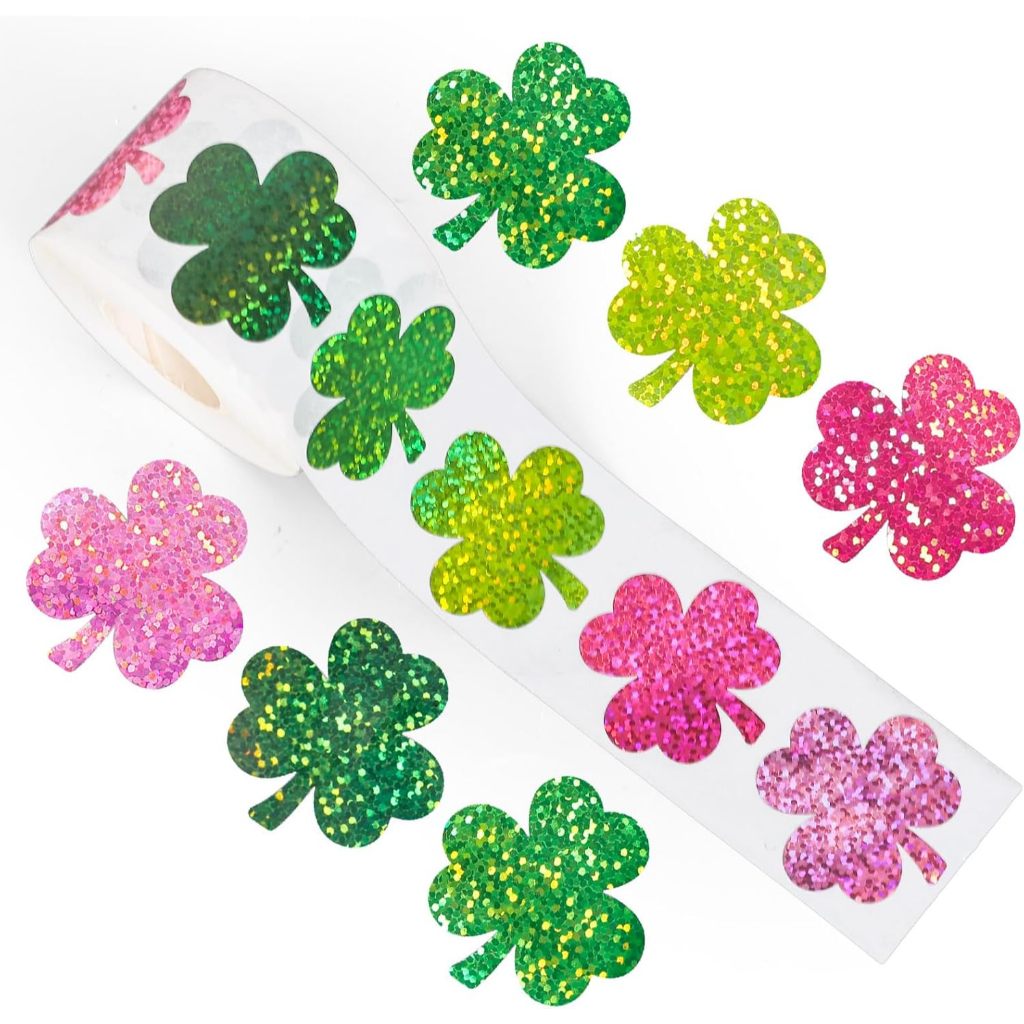 สติ๊กเกอร์วันแพทริคม้วนเลเซอร์สีชมพูสีเขียว Shamrock Seal Clover กันน้ํา Self-Adhesive Decals สําหรั