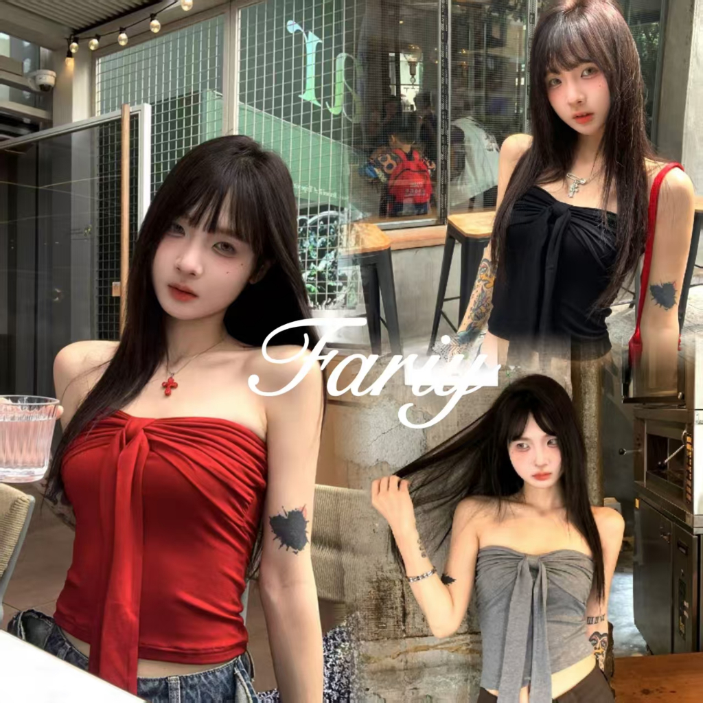 Fariy🍒คลังสินค้าพร้อม🍒  เสื้อกั๊กสีแดงสุดฮอตสำหรับผู้หญิงในฤดูร้อนพร้อมโบว์ผูก ชุดชั้นในสุดเซ็กซี่สำหรับสาวฮอต
