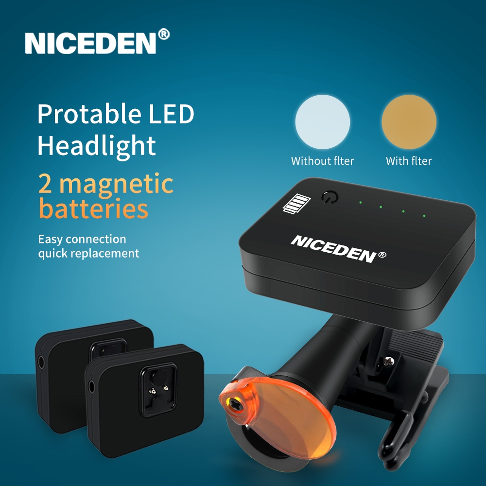 NICEDEN 60000lux Dental HeadLamp ไร้สายพร้อมแบตเตอรี่แบบชาร์จไฟได้ 2 ก้อน ไฟหน้าแบบปรับแสงได้