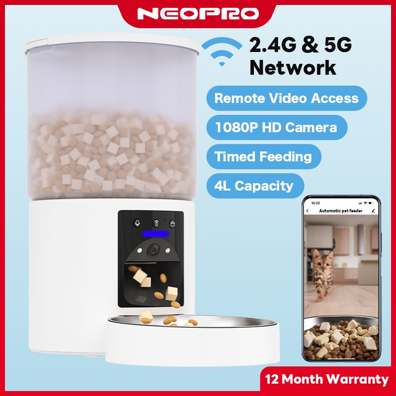 เครื่องป้อนอาหารสัตว์เลี้ยงอัตโนมัติแบบใหม่ที่ใช้เสียงอัจฉริยะพร้อมระบบวิดีโอ ภาพความละเอียดสูง ระบบเสียงสองทาง ตั้งเวลาและปริมาณอาหาร พร้อมกับตัวป้อนอาหารขนาดใหญ่ 4 ลิตร
