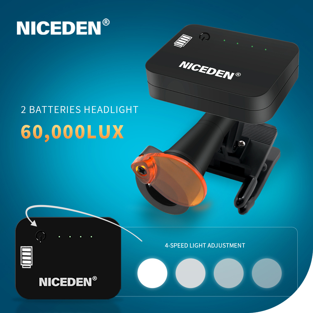 Niceden 35000lux ทันตกรรม LED ไฟหน้าแบบหนีบไร้สายแบบถอดได้ 2 ชิ้นแบตเตอรี่แม่เหล็ก