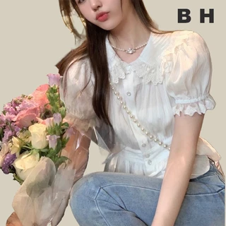Bh ผู ้ หญิงหวานลูกไม ้ ตัดเสื ้ อสีขาวแขนสั ้ นคอโปโลสายรัดเอว