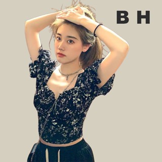 เสื้อครอปท็อปแขนสั้น คอวี ลายดอกไม้ สไตล์เกาหลี สําหรับผู้หญ…