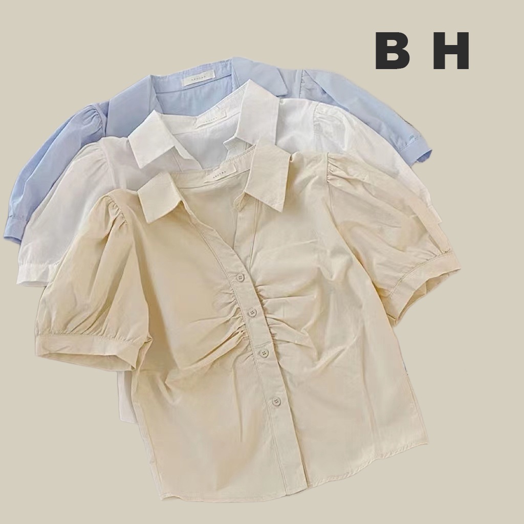 เสื้อเชิ้ต แขนสั้น แขนพอง แบบพับ สไตล์เกาหลี สําหรับผู้หญิง