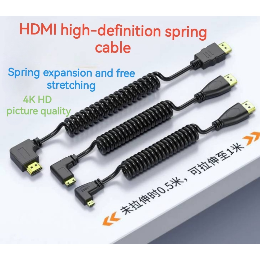 สาย hdmi เป็น Mini hdmi สายเคเบิลอะแดปเตอร์ขนาดเล็ก hdmi ข้อศอก 90 องศาสายสปริงแบบพับเก็บได้ 4K HD ส