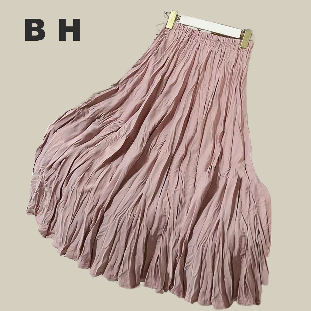 BH Autumn กระโปรงยาวปานกลางสีทึบสําหรับผู้หญิงพร้อม Ruffles ถึงเข่า