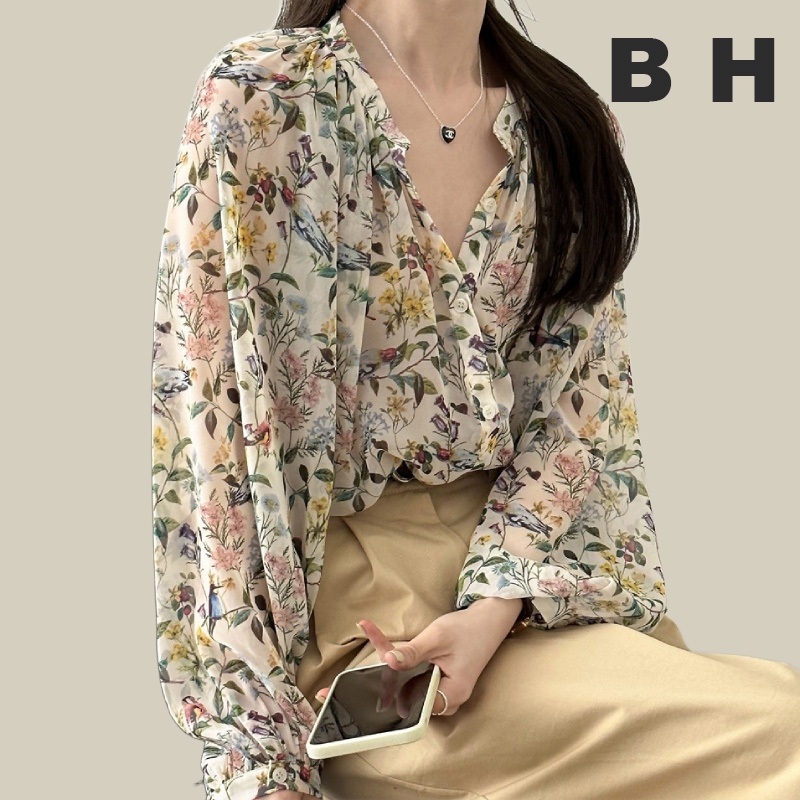 เสื้อแขนยาว ผ้าชีฟอง ลายดอกไม้ ทรงหลวม สไตล์เกาหลี สําหรับผู้หญิง