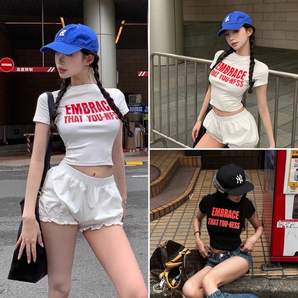 Hotgirl พร้อมส่ง✨เสื้อยืดแฟชั่นผู้หญิง เสื้อยืดแขนสั้นพิมพ์ลายผู้หญิง สั้น ทรงสลิม ดีไซน์เก๋ไก้และเซ็กซี่ สไตล์สาวฮอตอเมริกัน