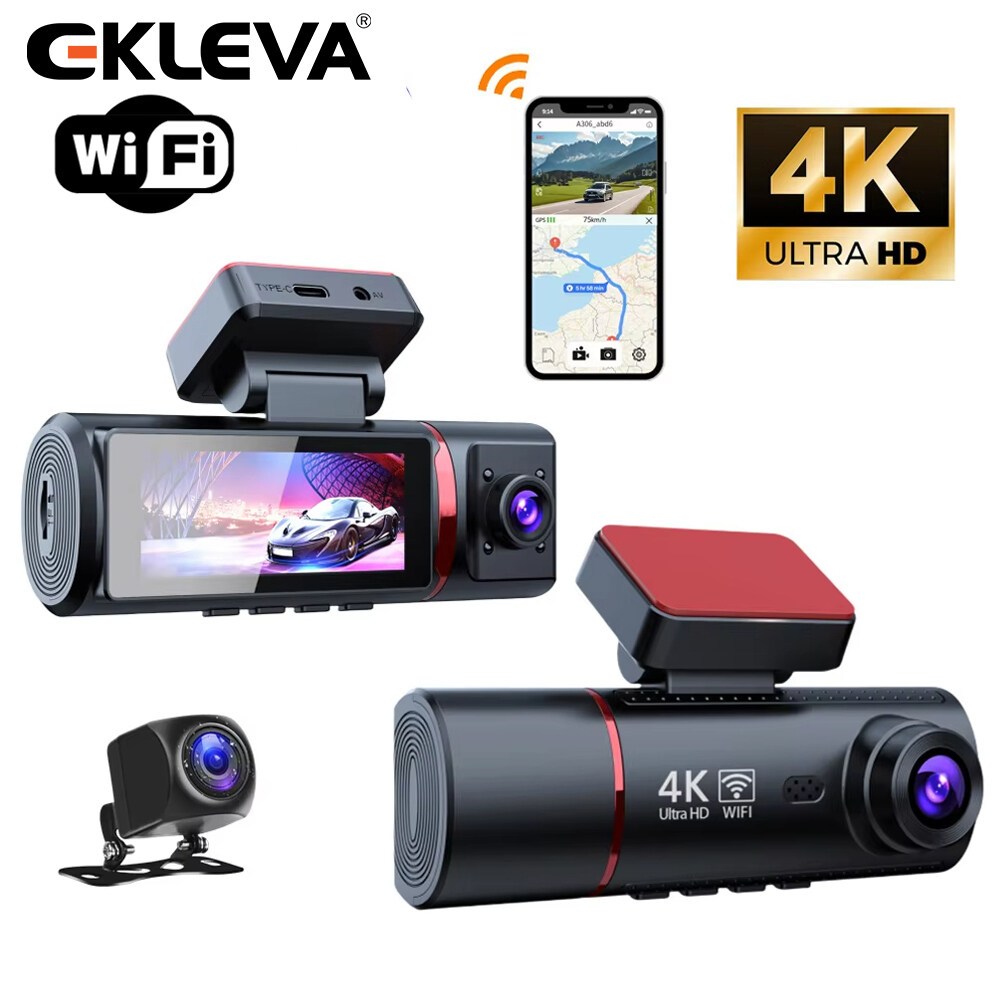 EKLEVA 3 ช่อง 4K Dash Cam สําหรับรถยนต์กล้องด้านหน้าภายในด้านหลัง Three Way Dashcam WiFi IR Night Vi