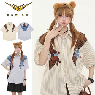 ฮันลู วินเทจการ์ตูนหมีลายเสื้อแขนสั้นฤดูร้อนย้อนยุคสนุกทรงหล…