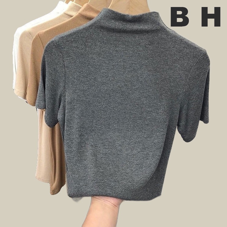 Bh เสื้อยืด คอสูง แขนสั้น ผ้าฝ้าย สีพื้น ทรงสลิมฟิต สําหรับผู้หญิง
