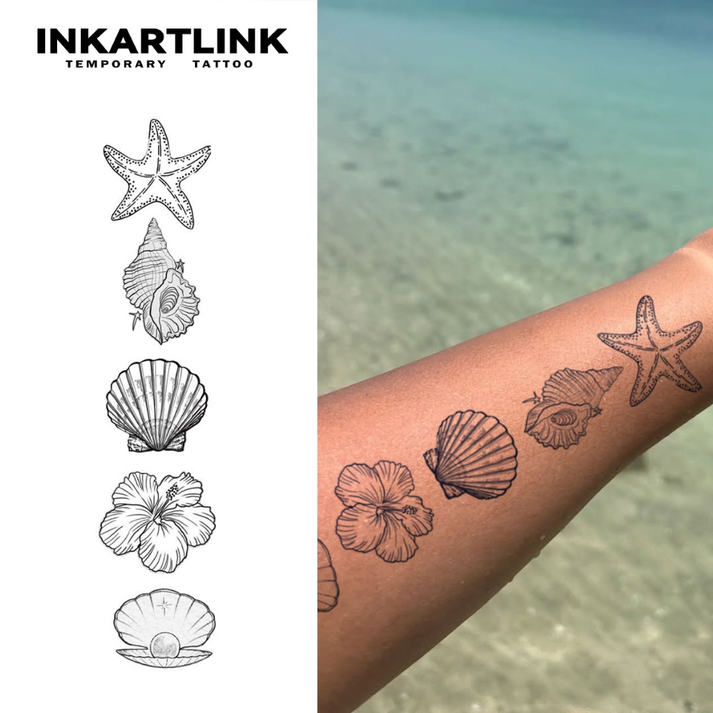 Inkartlink สติ๊กเกอร์รอยสักเปลือกหอยมหาสมุทรฤดูร้อน รอยสักวิเศษกันน้ำติดทนนาน长达15天，假纹身，半永久纹身