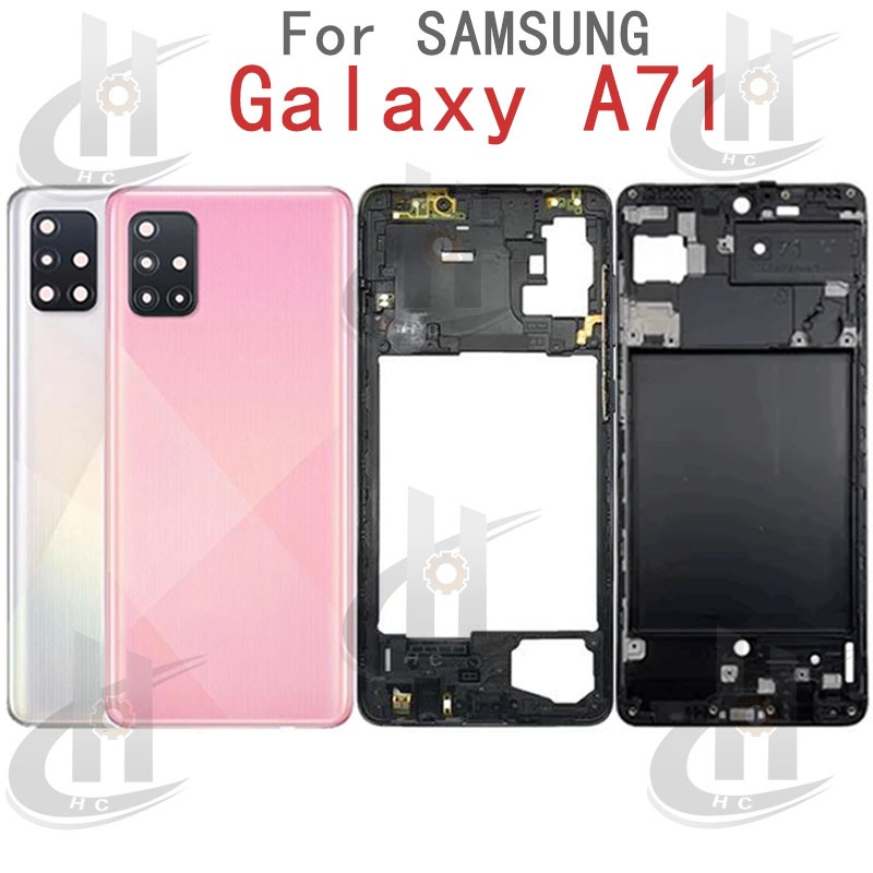 สําหรับ Samsung Galaxy A71 A715 แบตเตอรี่ฝาหลังกรอบกลาง + ปุ่ม + กรอบด้านหน้า LCD + เลนส์กล้อง