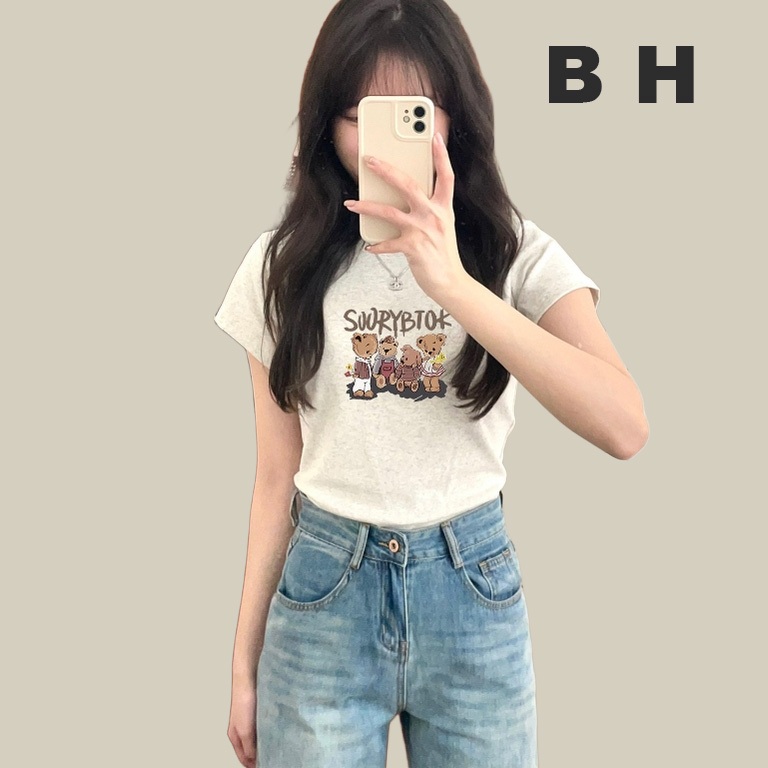 ข ฤดูร้อนผู้หญิงเต็มไหล่ผ้าฝ้ายพิมพ์เสื้อยืดแขนสั้นคอกลมสลิมฟิต