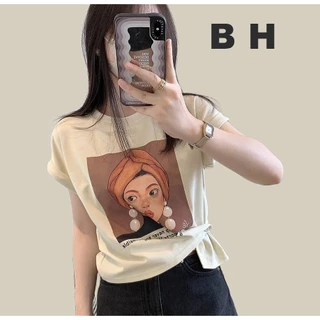 Bh เสื้อยืด คอกลม แขนสั้น ผ้าฝ้าย ลายโดปามีน ทรงไม่สมมาตร แฟชั่นสําหรับผู้หญิง