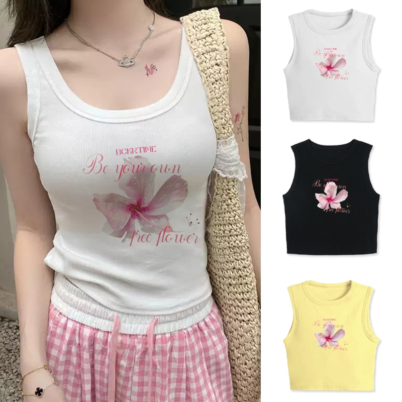 แฟชั่นเกาหลีสไตล์🎀ลายดอกท้อ ชุดหน้าร้อน เสื้อผญ สาวเผ็ด เสื้อกล้าม🌸สั้น เข้ารูป เซ็กซี่ เสื้อเสื้อYG1818