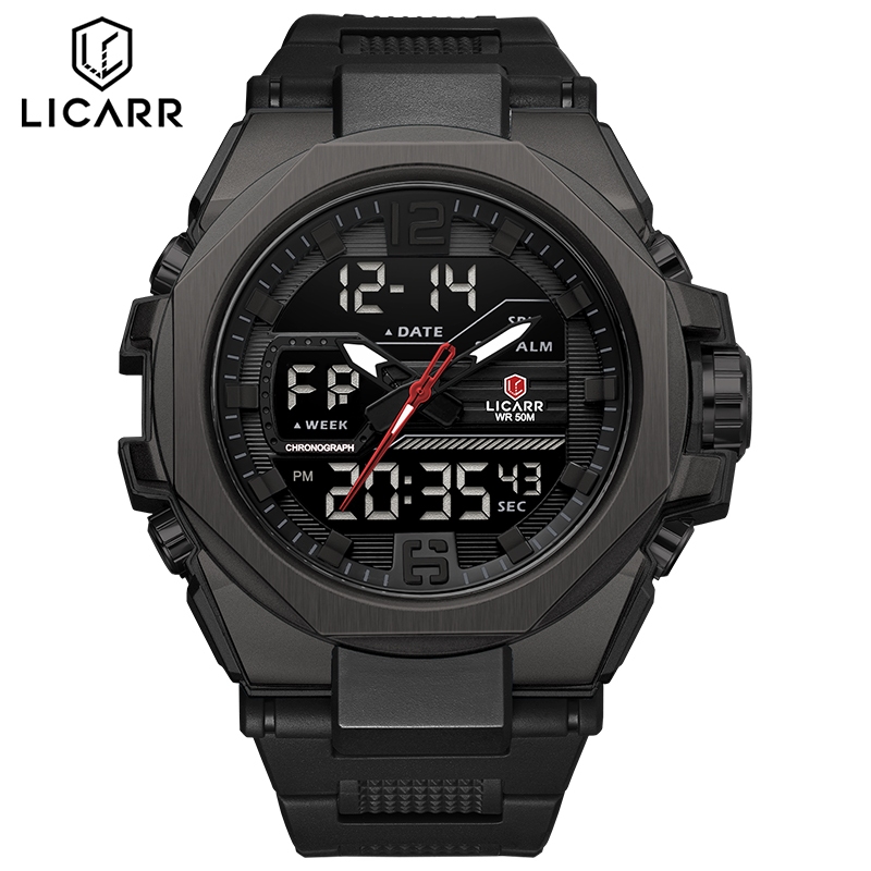 ลิการ์ แบรนด์ชั้นนําแฟชั่นนาฬิกาผู้ชายกีฬากันน้ําปลุกปฏิทินแสงจอแสดงผลคู่นาฬิกาจับเวลา 9542