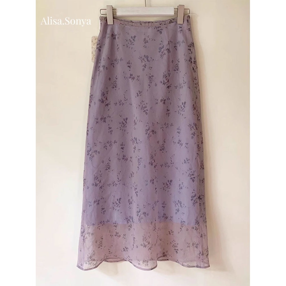 Alisa.Sonya กระโปรงเอวสูง ลายดอกไม้ สีม่วง แฟชั่นฤดูร้อน สำหรับผู้หญิง 24AS1290