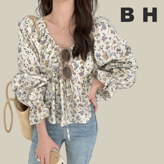 เสื้อแขนยาว เปิดไหล่ ลายดอกไม้ สไตล์เกาหลีเรโทร สําหรับผู้หญ…