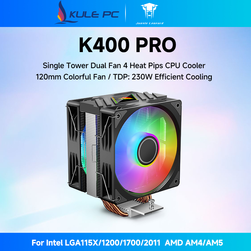 Jungle Leopard K400 PRO สีดํา CPU Cooler Single Tower Dual พัดลม 4 ท่อความร้อน 120 มม.พัดลม CPU 4PIN PWM สี LED ฝาครอบด้านบนออกแบบโลโก้สําหรับ Intel LGA1155 LGA1700 LGA2011 AMD AM5 AM4