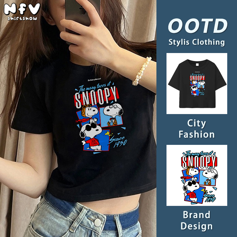 เสื้อยืดเซ็กซี่ 💕แฟชั่นสไตล์เกาหลี🍒เสื้อยืดคอกลมทรงเข้ารูป ใส่แล้วดูผอม เอวยางยืด ผู้หญิง ลายSnoopy baby tee YG2107