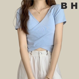 เสื้อยืด คอวี แขนสั้น สไตล์เกาหลี สําหรับผู้หญิง