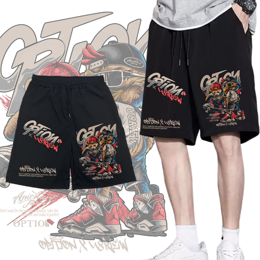 OPTION U8riew & Apichart Farm กางเกงขาสั้นผู้ชายมียางยืดและเอวปรับได้และกระเป๋ากางเกงขาสั้นลําลองกีฬ