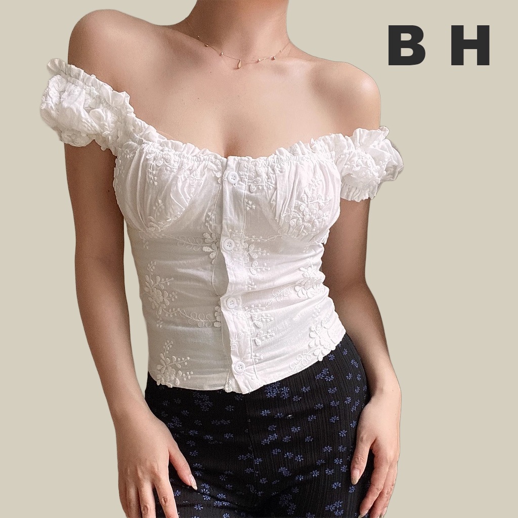 Bh ฤดูร้อน ผู้หญิง ปักลาย เซ็กซี่ แขนพอง เสื้อคอยู หูไม้ ขอบบาง เอว