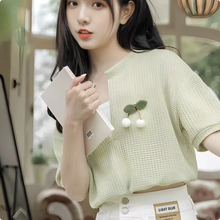 JENGS-Beautiful Series Summer Waffle Loose Lightweight Breathable Short-Sleeved Top-Street Sweet Gir