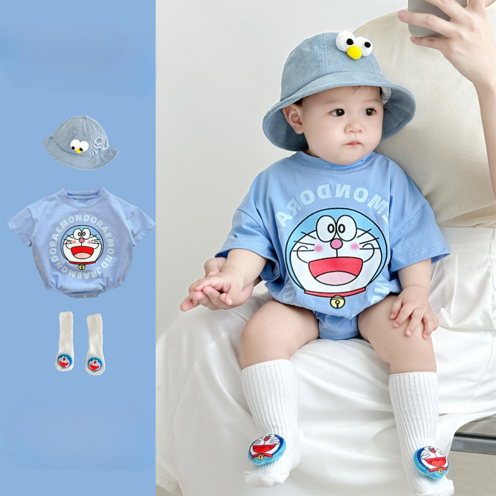 ทารกแรกเกิดชุดรอมเปอร์ชายฤดูร้อนแขนสั้นผ้าฝ้ายเสื้อผ้าเด็กทารกแฟชั่นโดราเอมอนชุดสไตล์ญี่ปุ่น