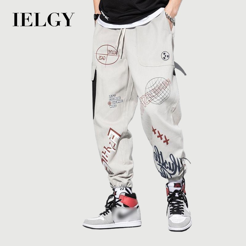 กางเกงคาร์โก้เชือกรูดพิมพ์ลายตัวอักษร IELGY ผู้ชาย