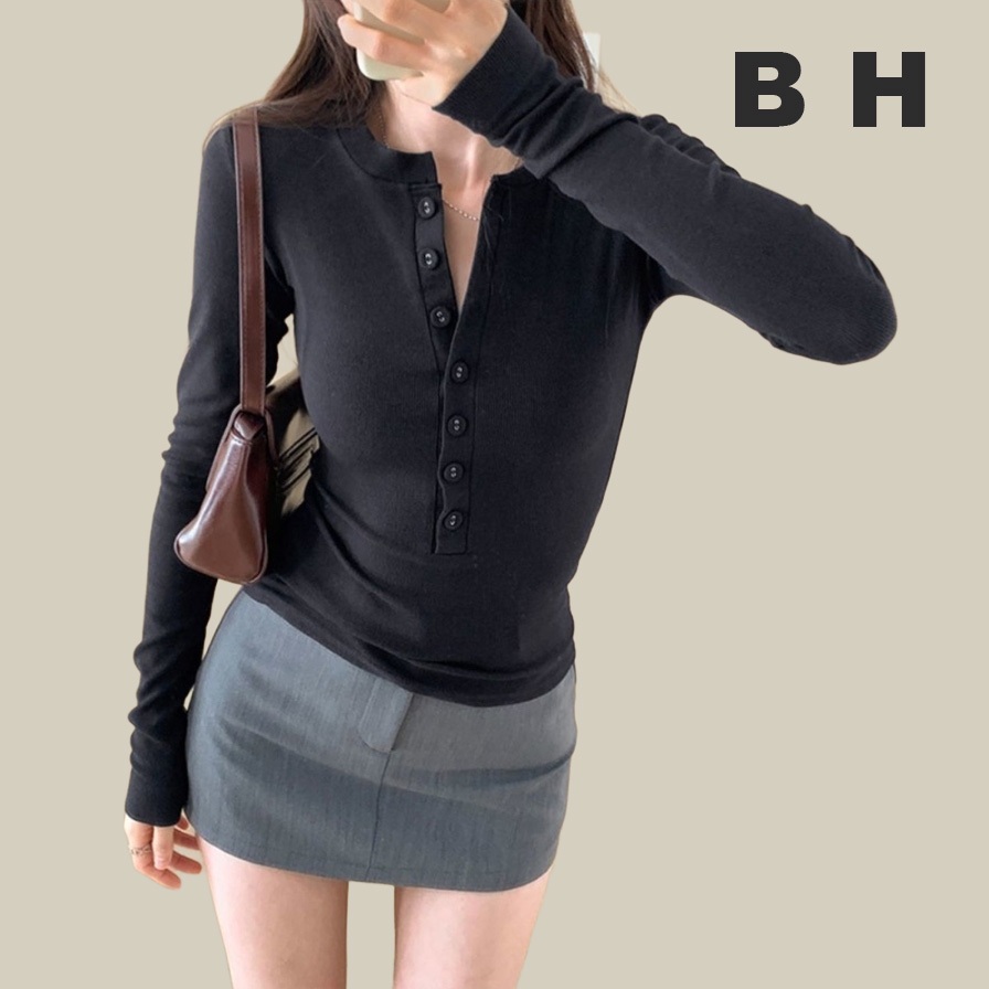 Bh เสื้อยืดแขนยาว ติดกระดุม กระชับสัดส่วน แฟชั่นฤดูใบไม้ร่วง ฤดูหนาว สําหรับผู้หญิง – โปรปัง